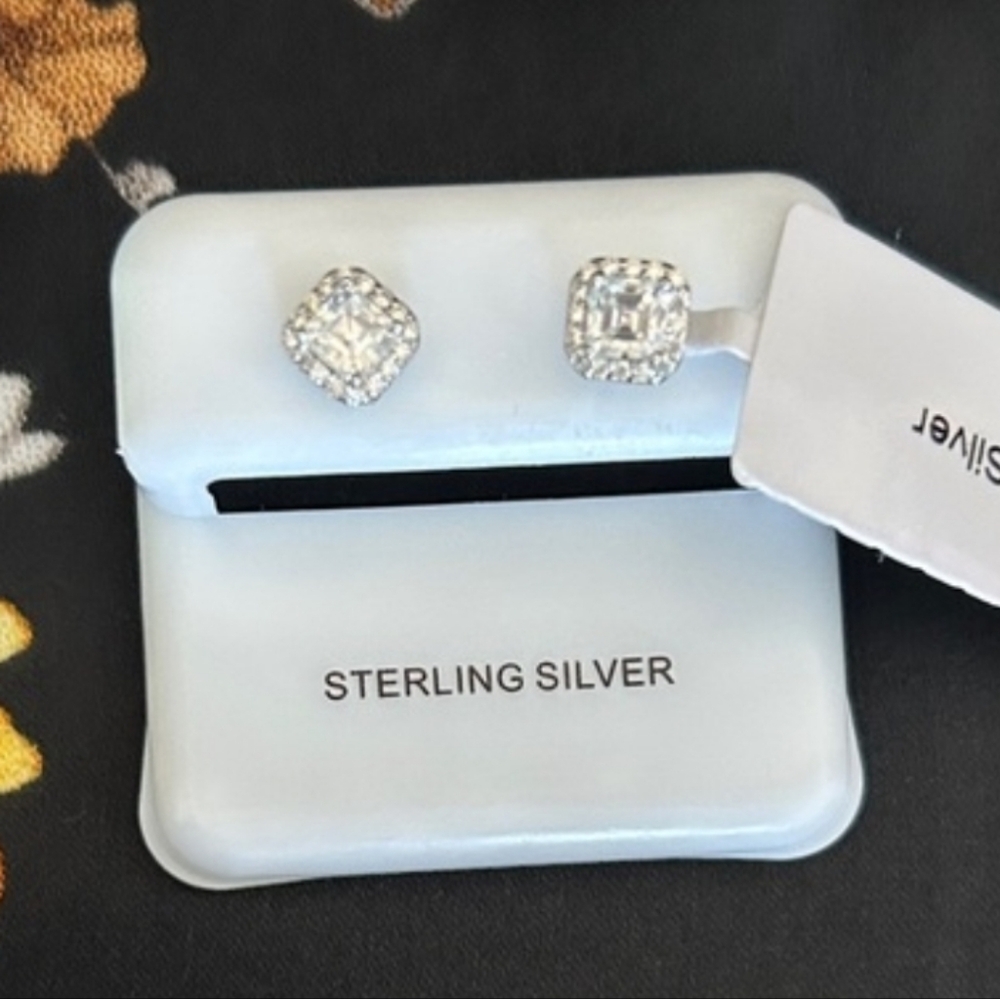 Moissanite Sterling Silver Square Halo Stud Earrings - MSRP $280